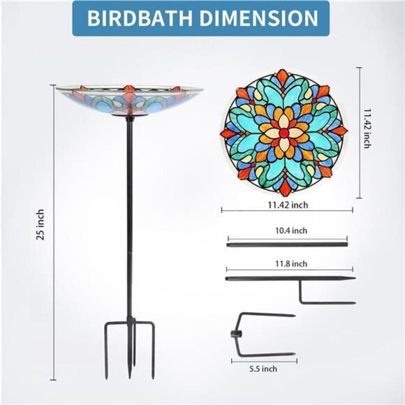Bird Baths for Outdoors, Glass Birdbath Birdfeeder Bowl with Metal Stake - Picture 3 of 7